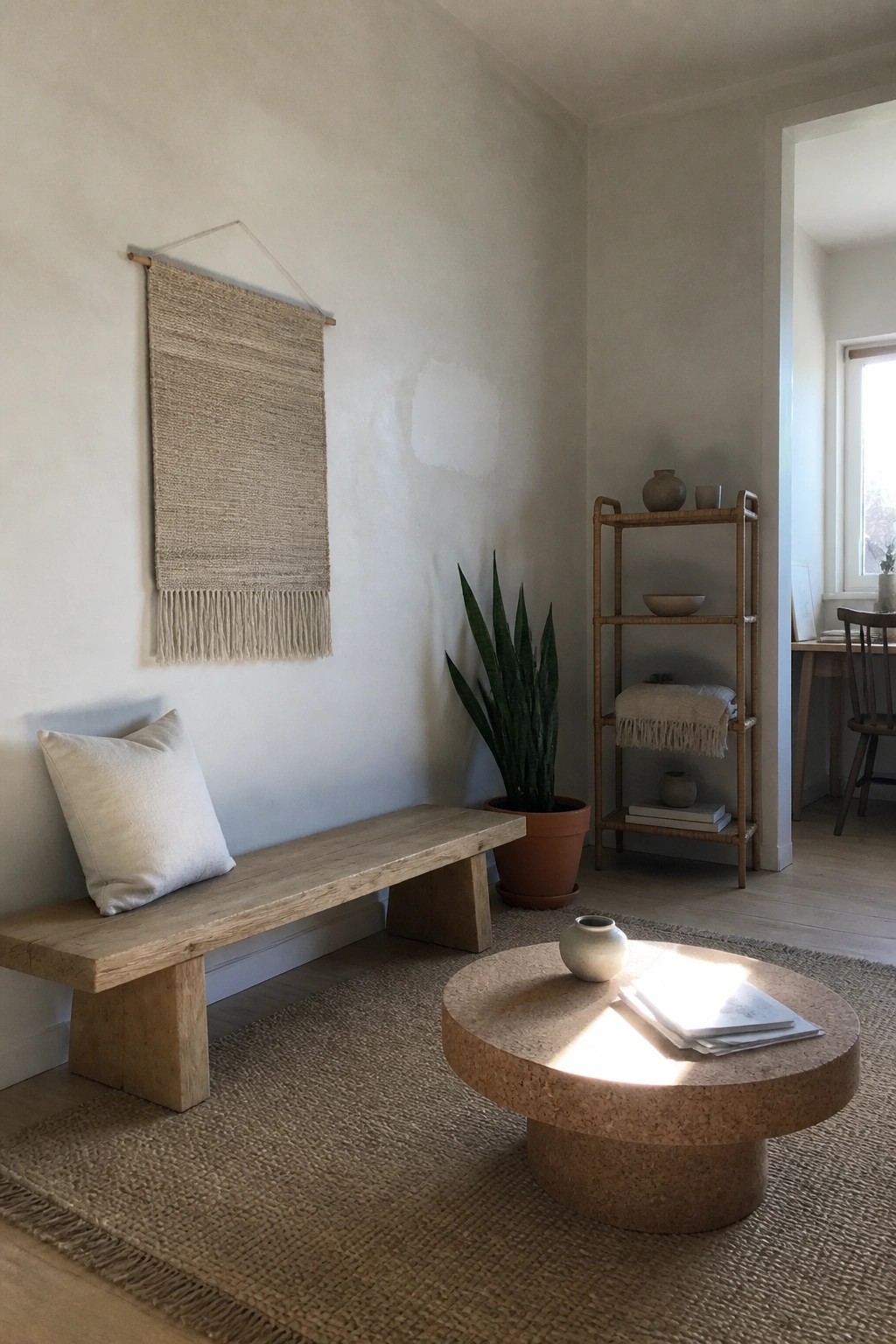 Minimalist room with wooden bench, cork table, woven rug, snake plant, and wall hanging