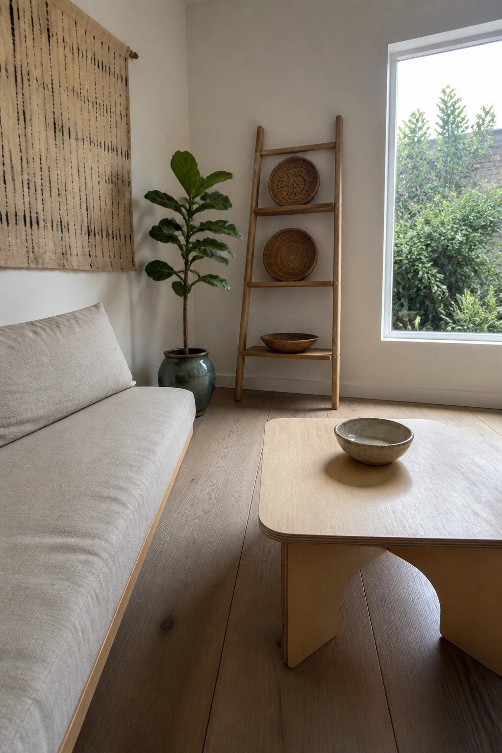 Minimalist room with beige sofa, potted plant, basket ladder, wooden table, and window.