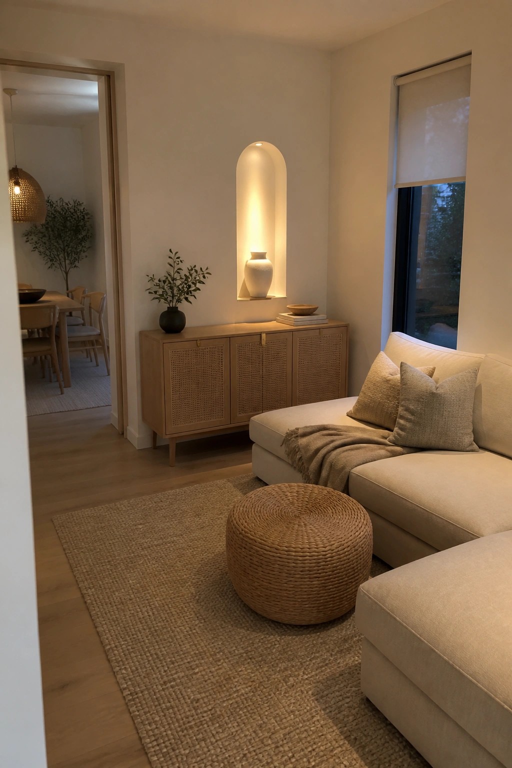 A living room with a beige sectional sofa, round woven ottoman on a jute rug, light wood console with cane doors, and an illuminated arched niche on a plain wall.