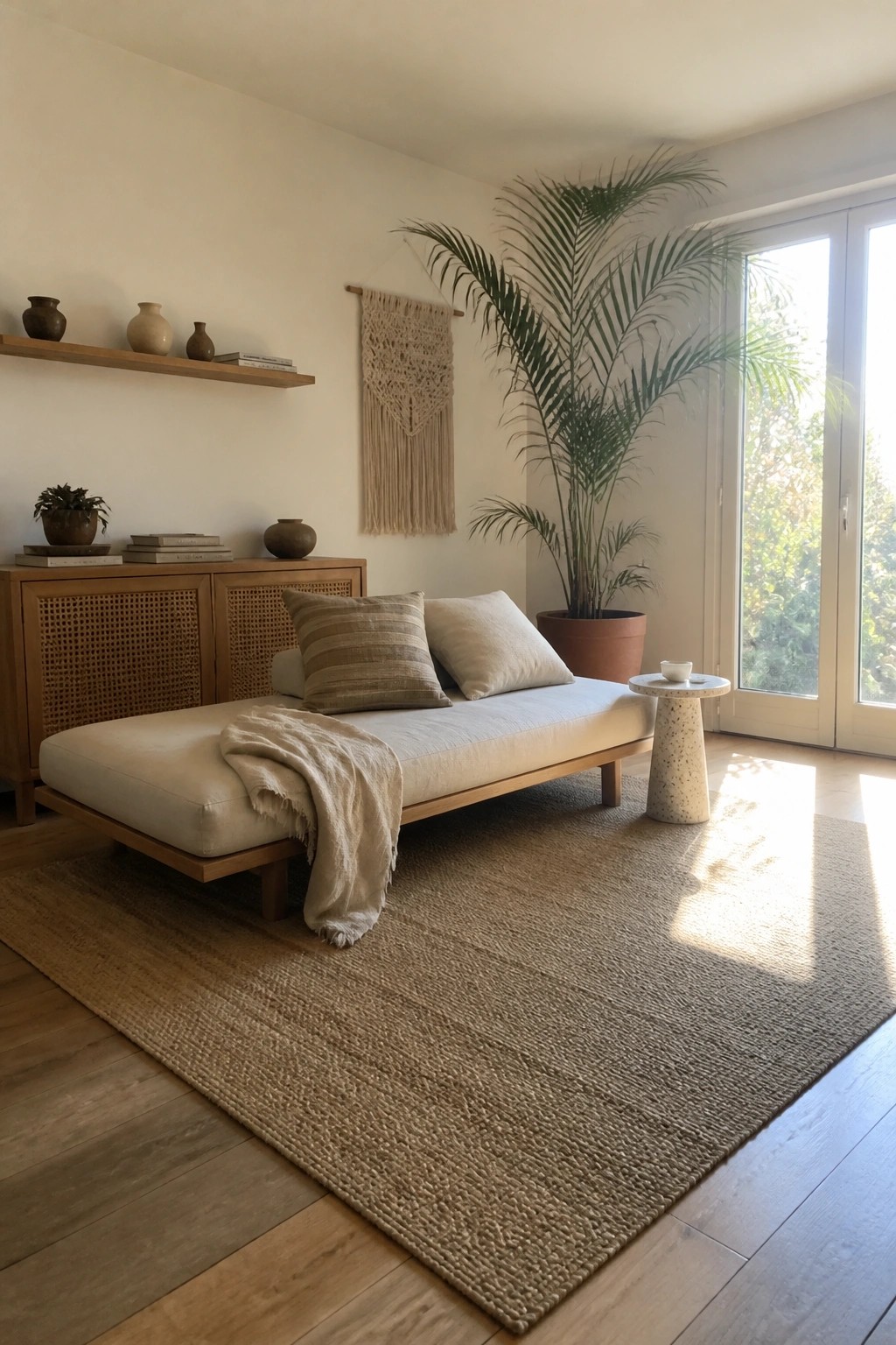 A low wooden daybed with neutral pillows and a throw sits on a large woven rug in a bright room with white walls, a wooden cabinet, a potted palm, and a small side table.