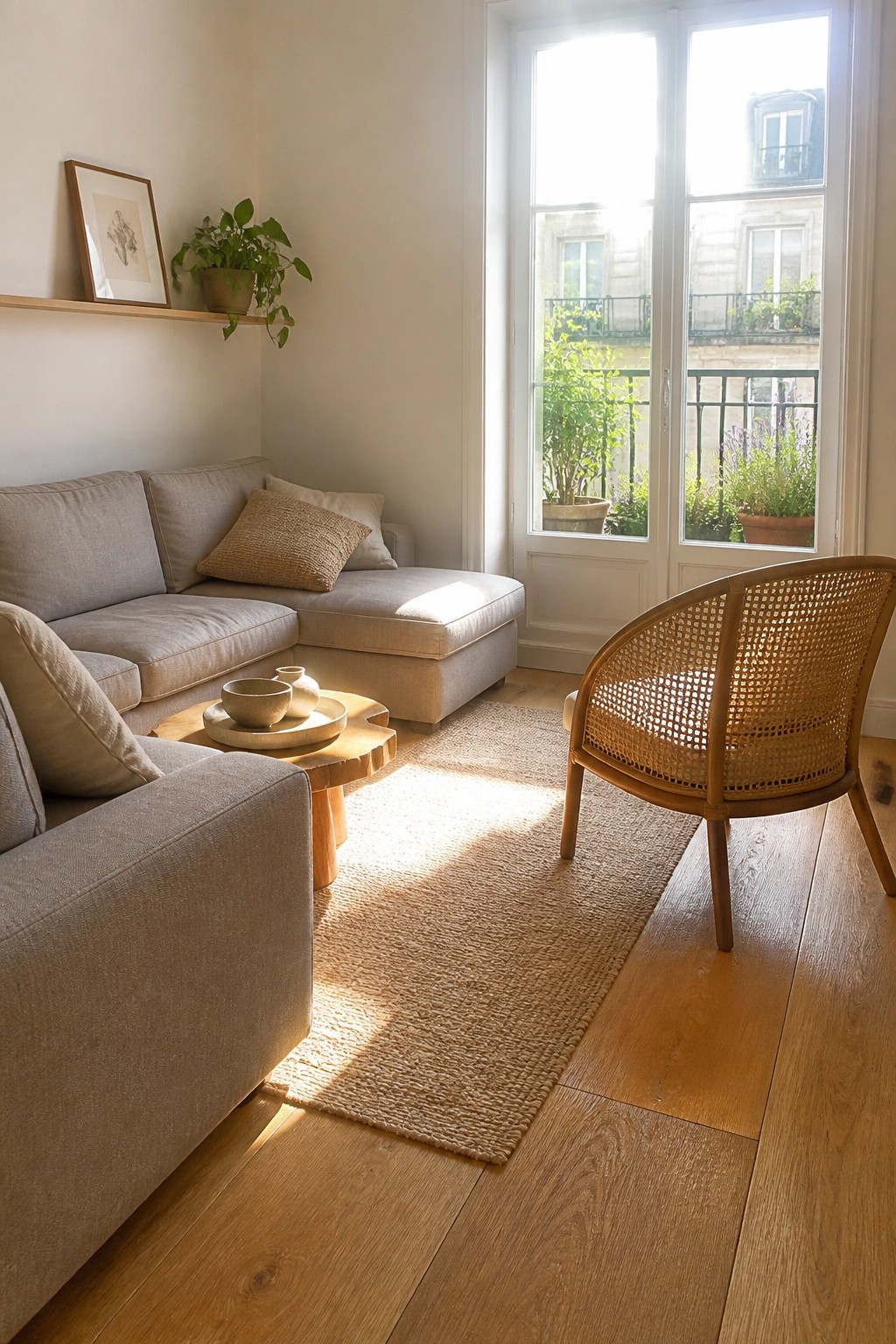 A bright living room with a light gray sectional sofa, wooden coffee table, woven rattan chair, beige jute rug, and large window letting in sunlight.
