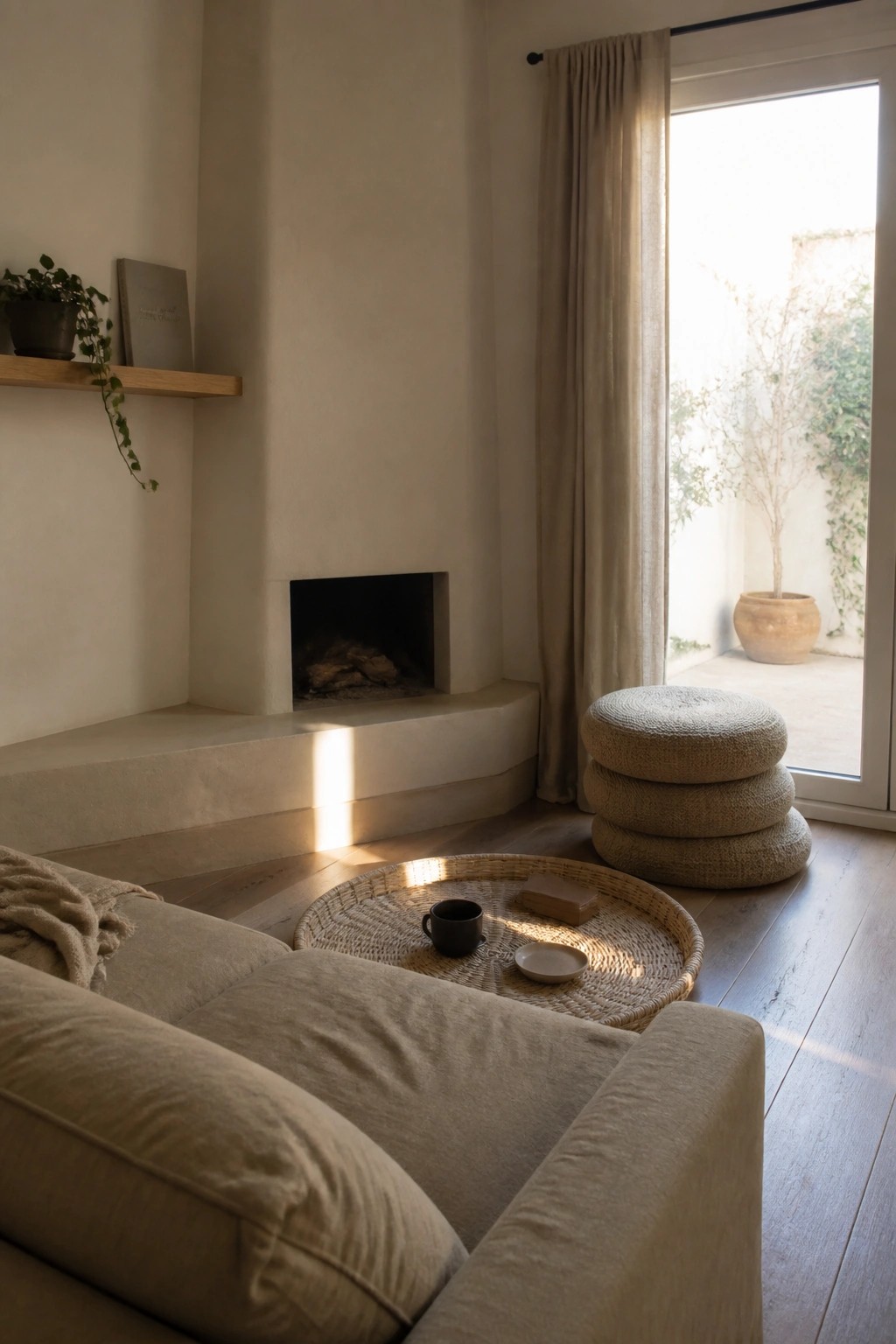 A minimalist living room featuring a beige sofa, woven tray on the floor, stacked round poufs, and a corner fireplace with sunlight coming through an open door.