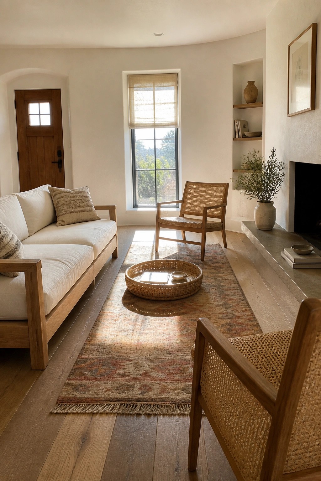 Cozy living room with white sofa, cane chairs, patterned rug, and sunlit fireplace