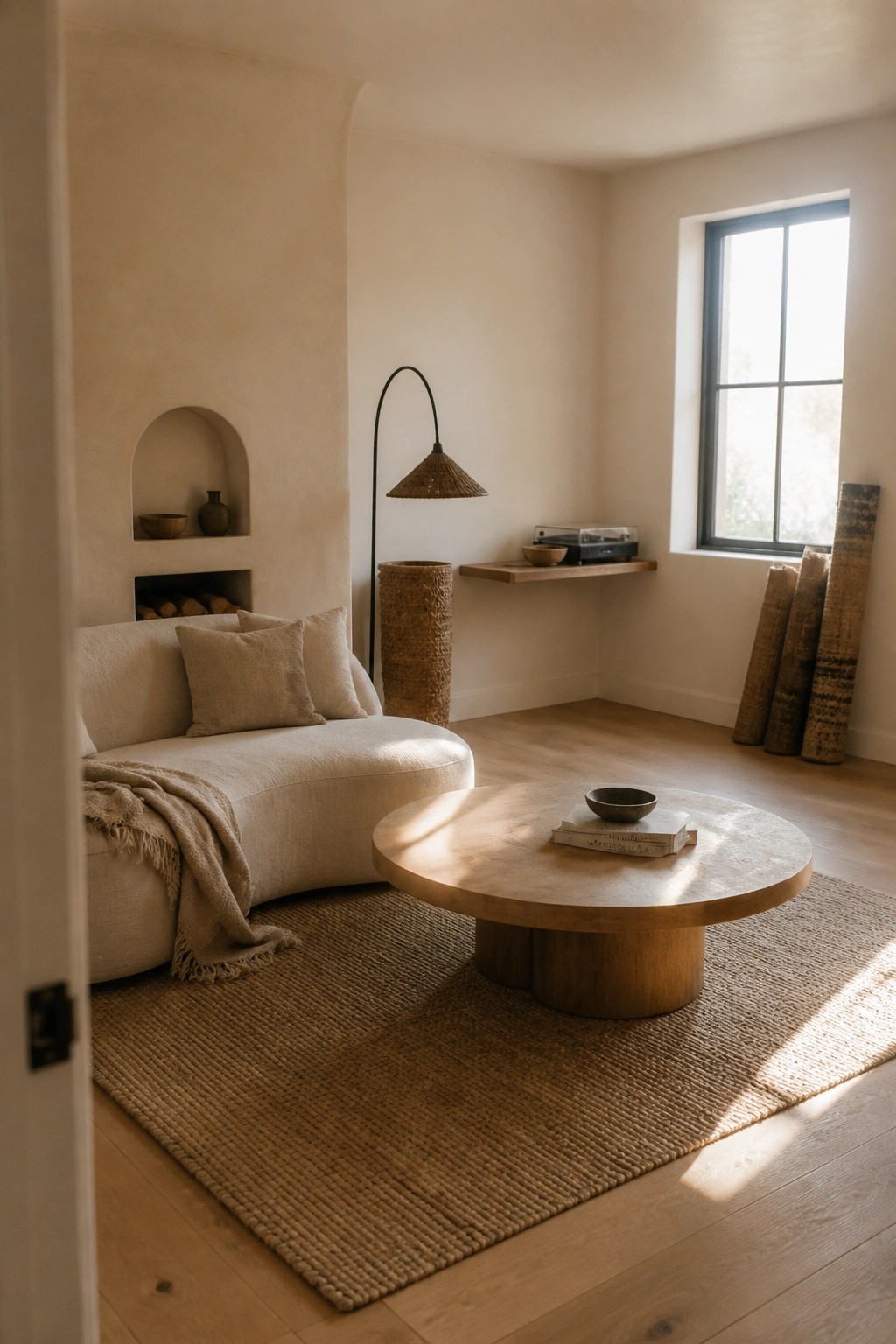 Beige curved sofa beside round wooden table on woven rug in sunlit room