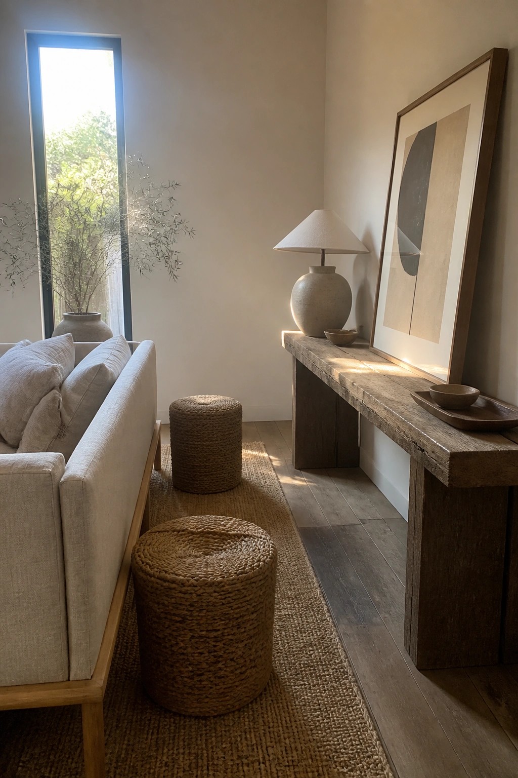 A light-filled living room with a beige sofa, two round woven stools on a jute runner, and a long wooden console table holding a lamp and large framed art.