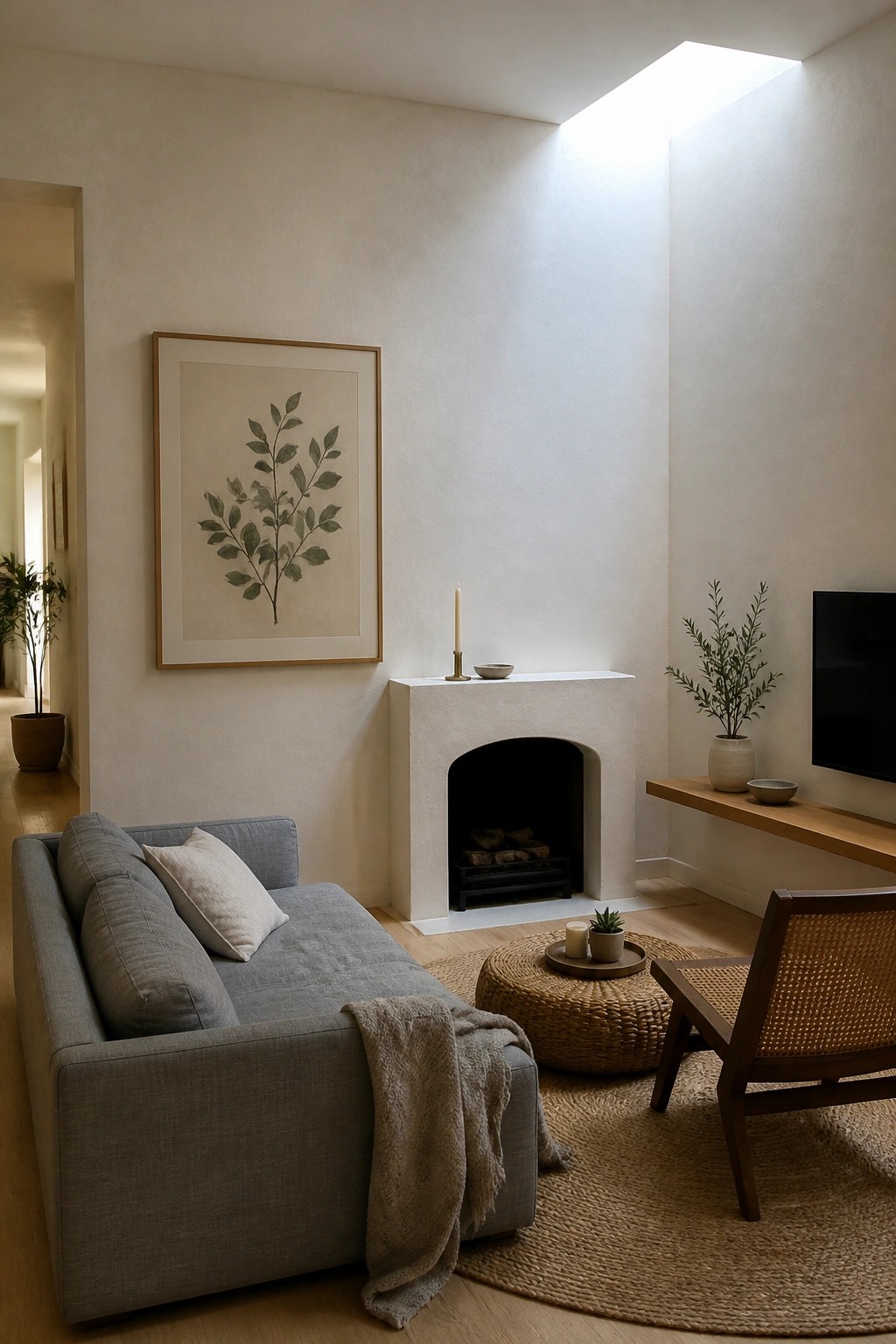 A minimalist living room with a gray sectional sofa, wooden chair with cane back, round woven rug, white fireplace, and a large framed botanical print on a beige wall.