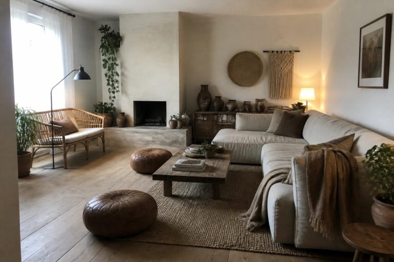 20 Modern Cozy Boho Living Room Ideas Centered on Low-Profile Seating A living room featuring a large beige sectional sofa, a low wooden coffee table on a woven jute rug, two brown leather poufs, a rattan chair, and a concrete fireplace.