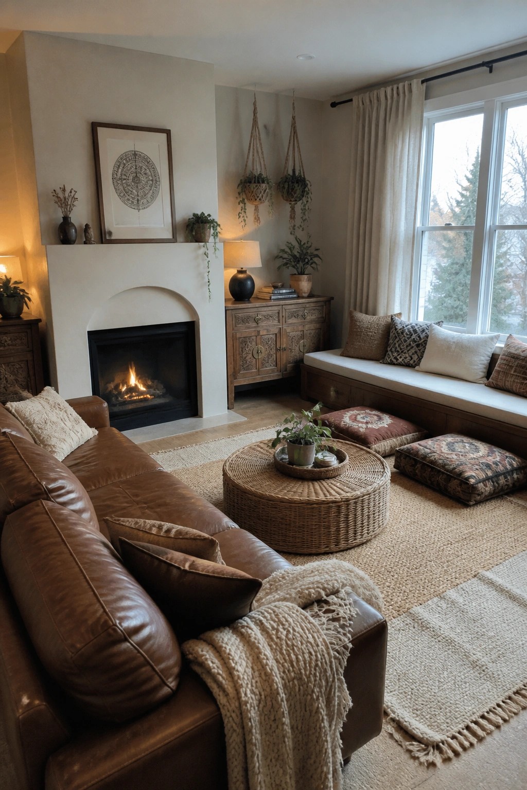 Living room interior showing a leather sofa, fireplace, round woven coffee table, patterned floor cushions on a rug, and a window seat with pillows.