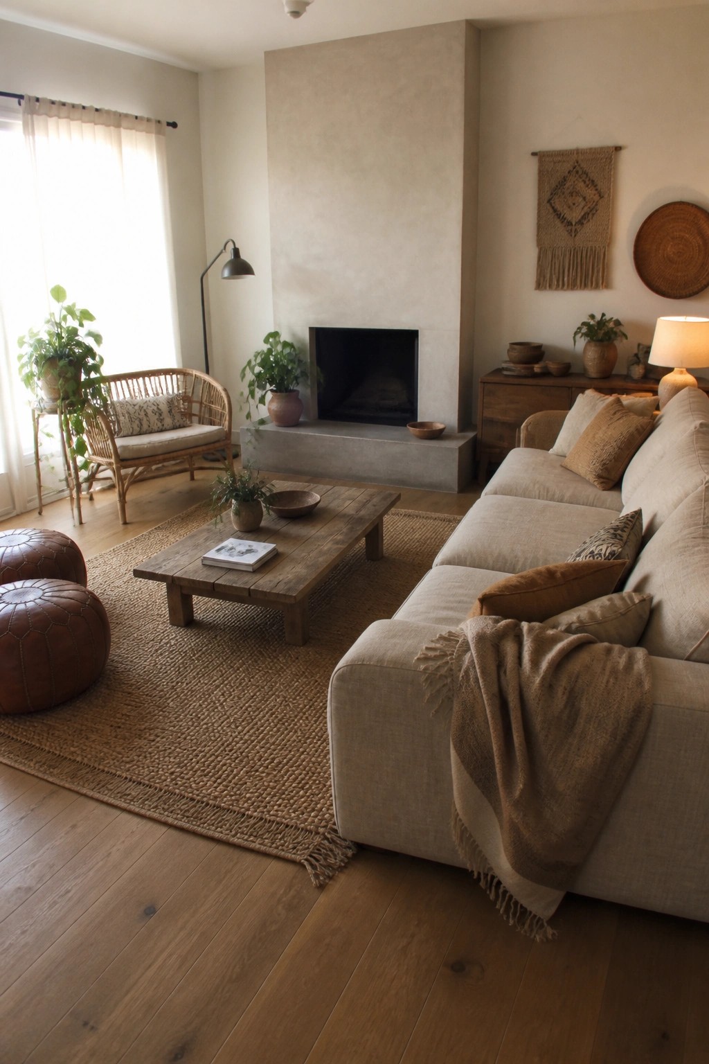 A living room featuring a large beige sectional sofa, a low wooden coffee table on a woven jute rug, two brown leather poufs, a rattan chair, and a concrete fireplace.