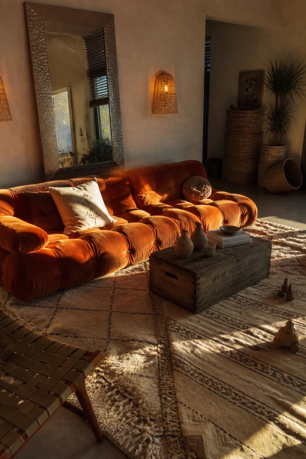 A living room with a large orange tufted sofa on layered rugs, a wooden crate coffee table, and a large textured mirror on the wall.