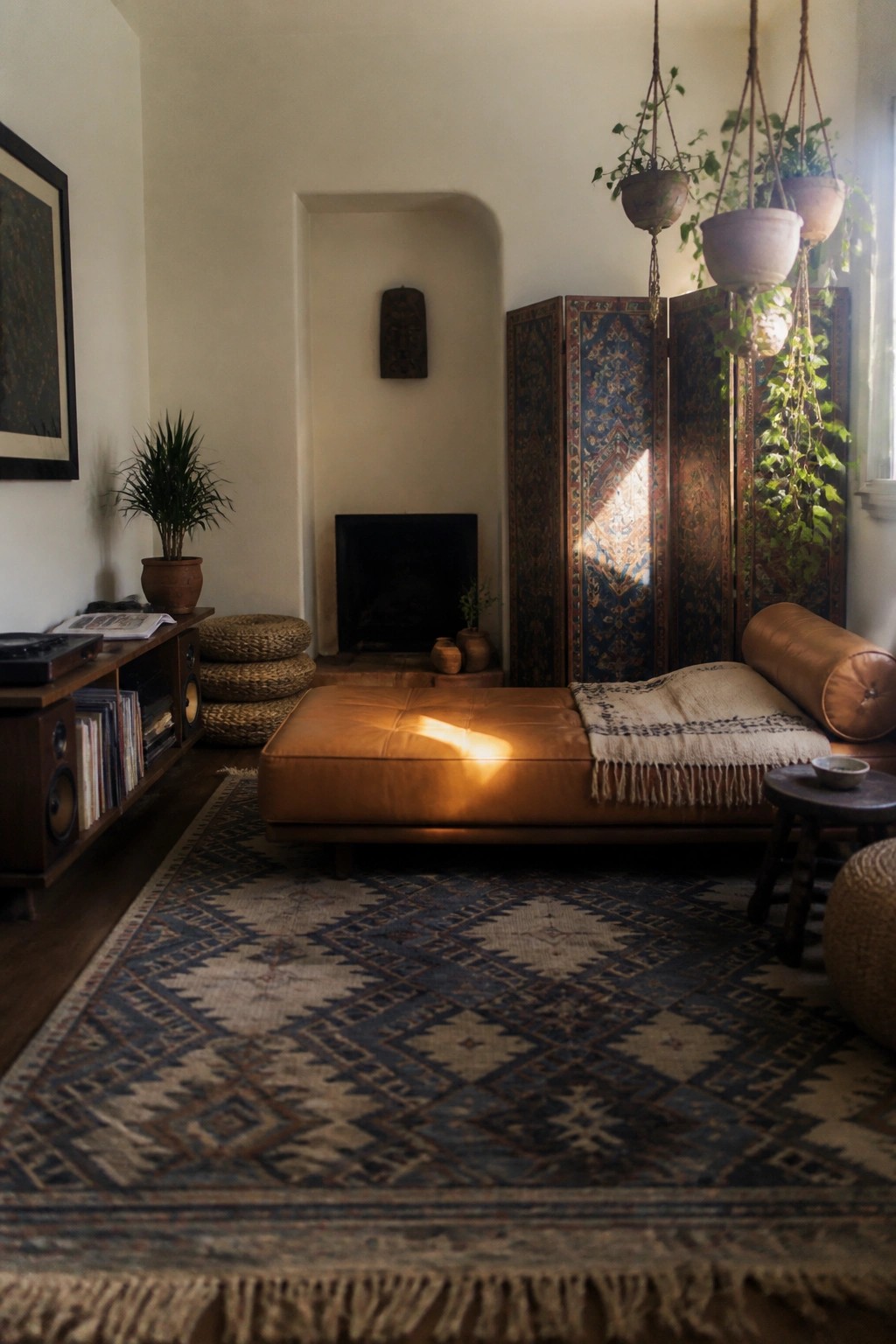 Sunlit bohemian living room with leather chaise, patterned rug, and hanging plants