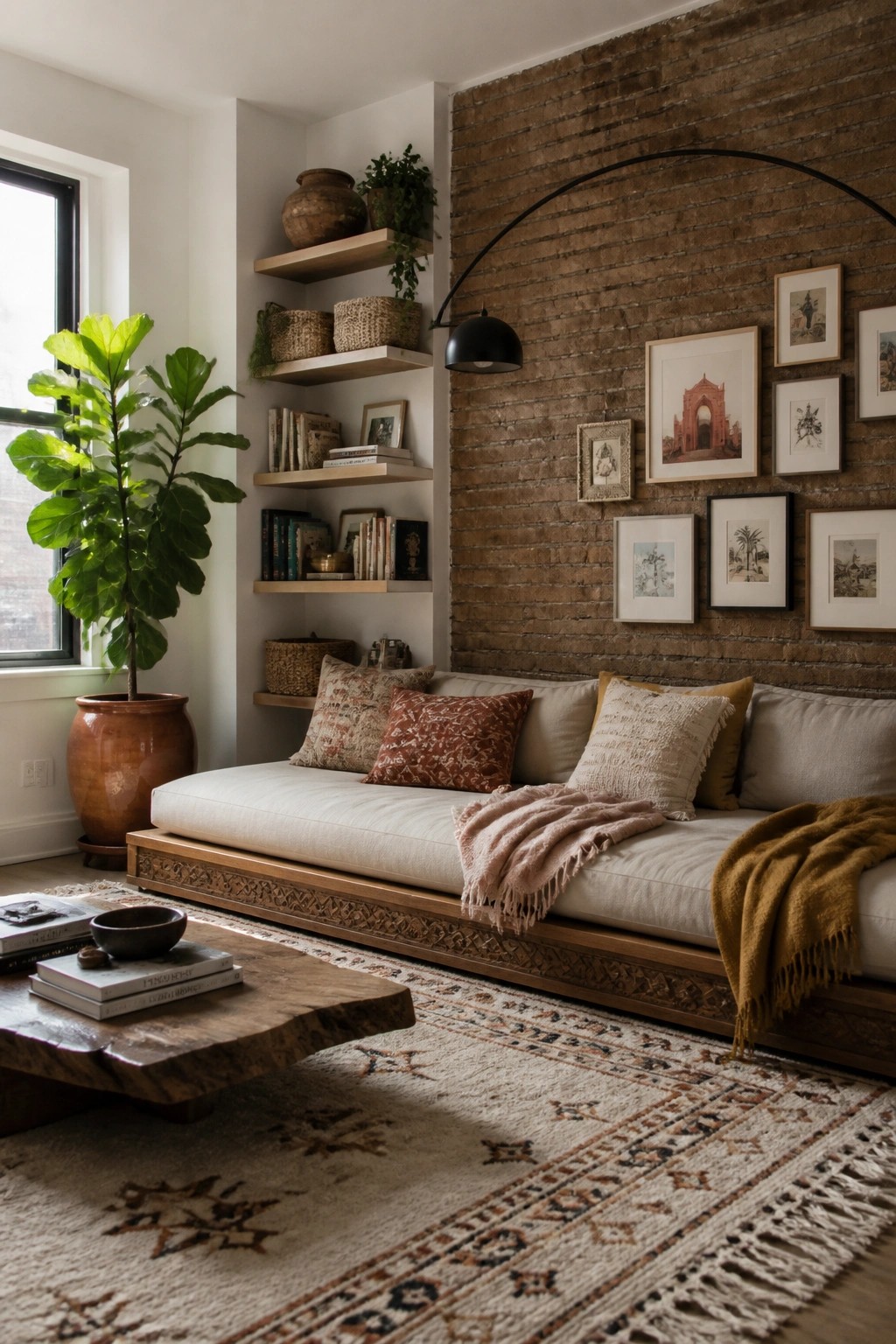 A low-profile platform sofa with beige cushions sits against a brown brick wall in a living room with floating wood shelves, a large potted fiddle leaf fig, and a patterned area rug.