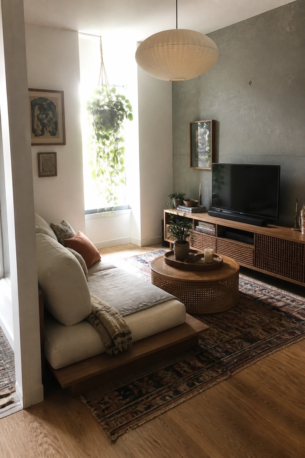 Sunlit living room with white daybed, hanging plants, round table, and patterned rugs.