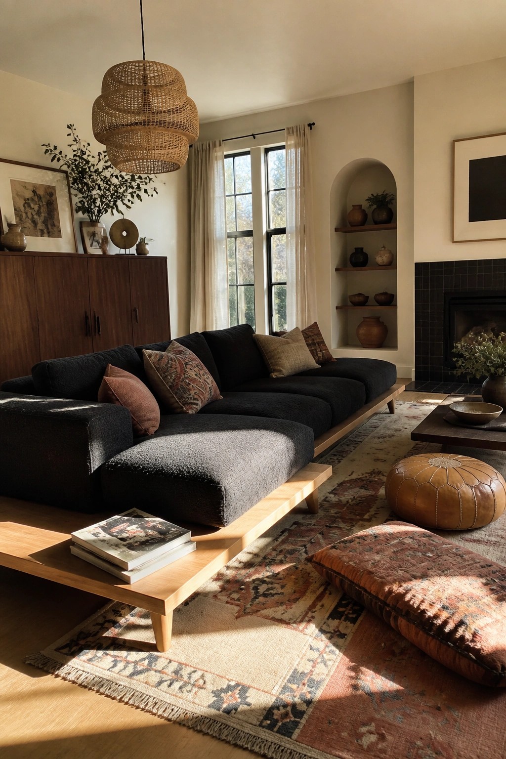 A modern living room with a low-profile dark sectional sofa on a light wood platform base, a matching low coffee table, layered rugs, a leather pouf, and built-in arched shelves beside a fireplace.