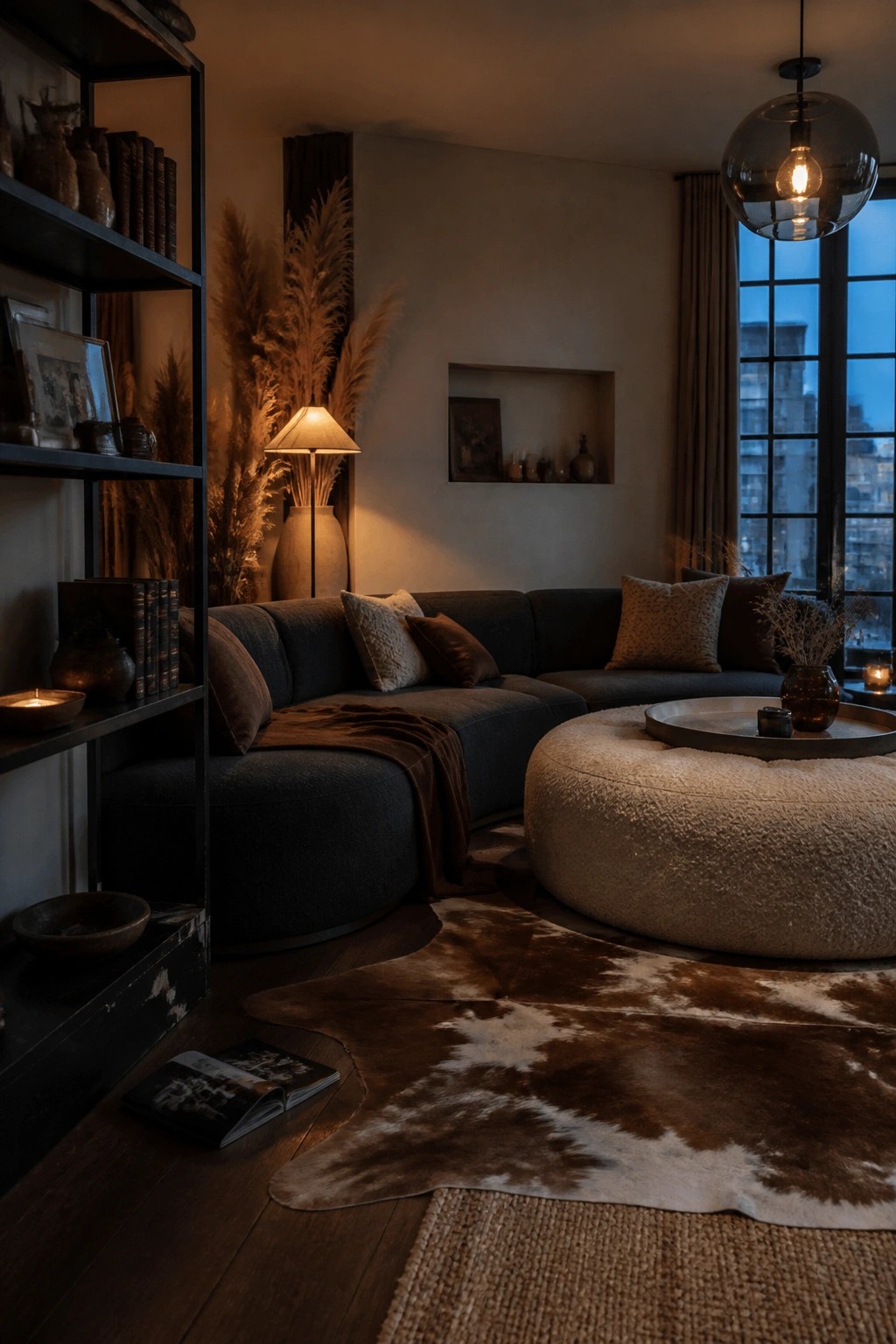 A dimly lit modern living room featuring a dark curved sectional sofa, a large round bouclé ottoman used as a coffee table, a cowhide rug, and dried pampas grass arrangements.