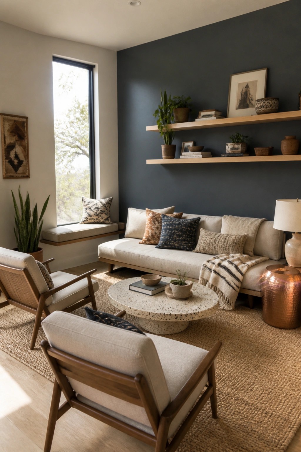 Modern living room with beige sofa, wooden armchairs, terrazzo table, and navy accent wall.