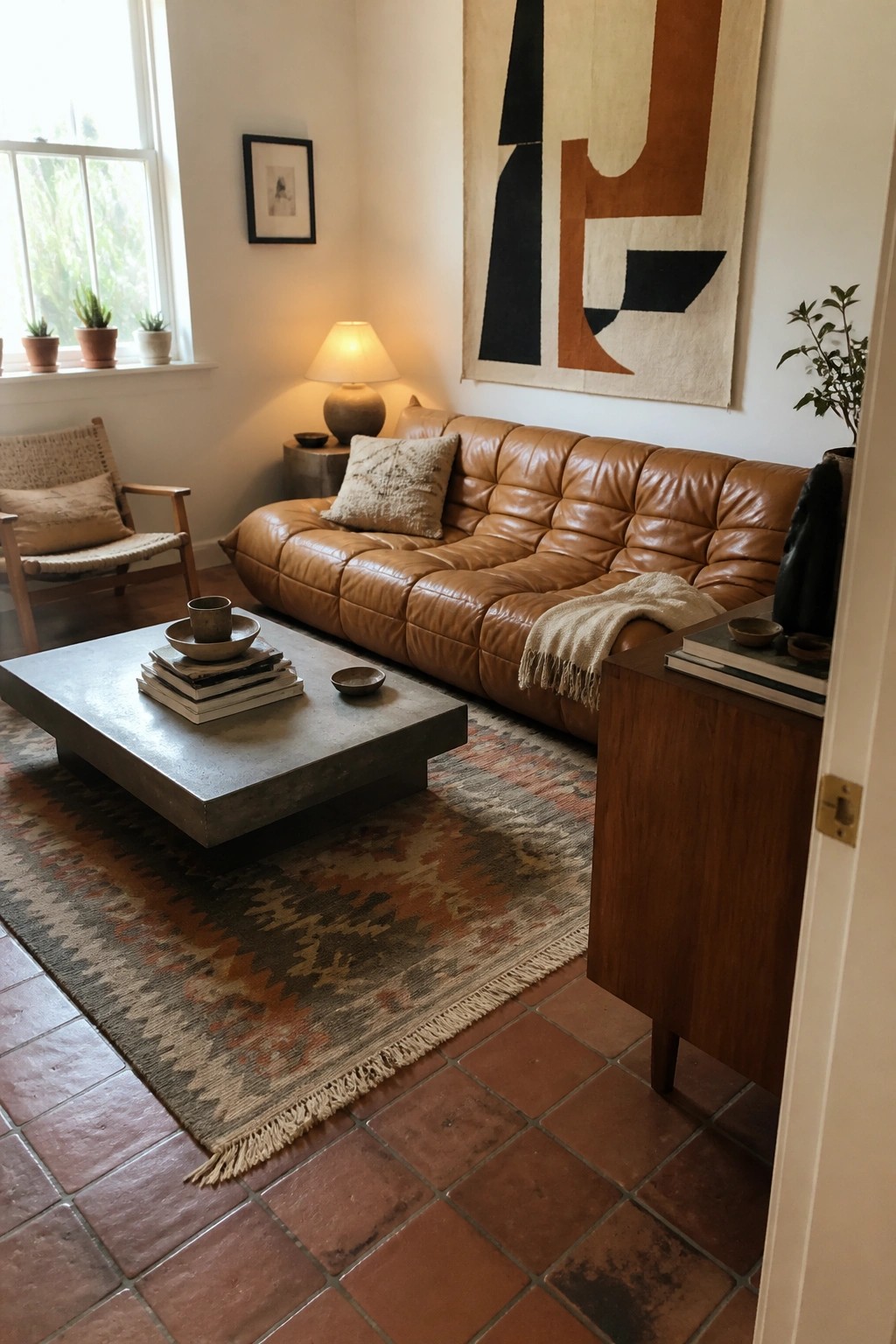 A living room with a low brown leather sofa, concrete coffee table, patterned rug, and woven chair on terracotta tile flooring.