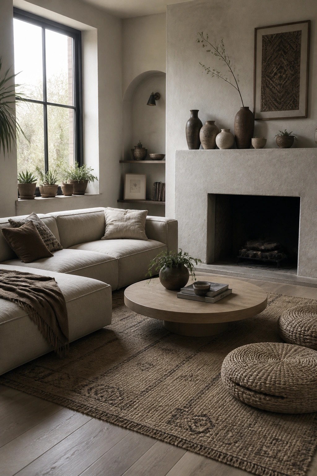 Minimalist living room with beige sectional sofa, round wooden table, and stone fireplace