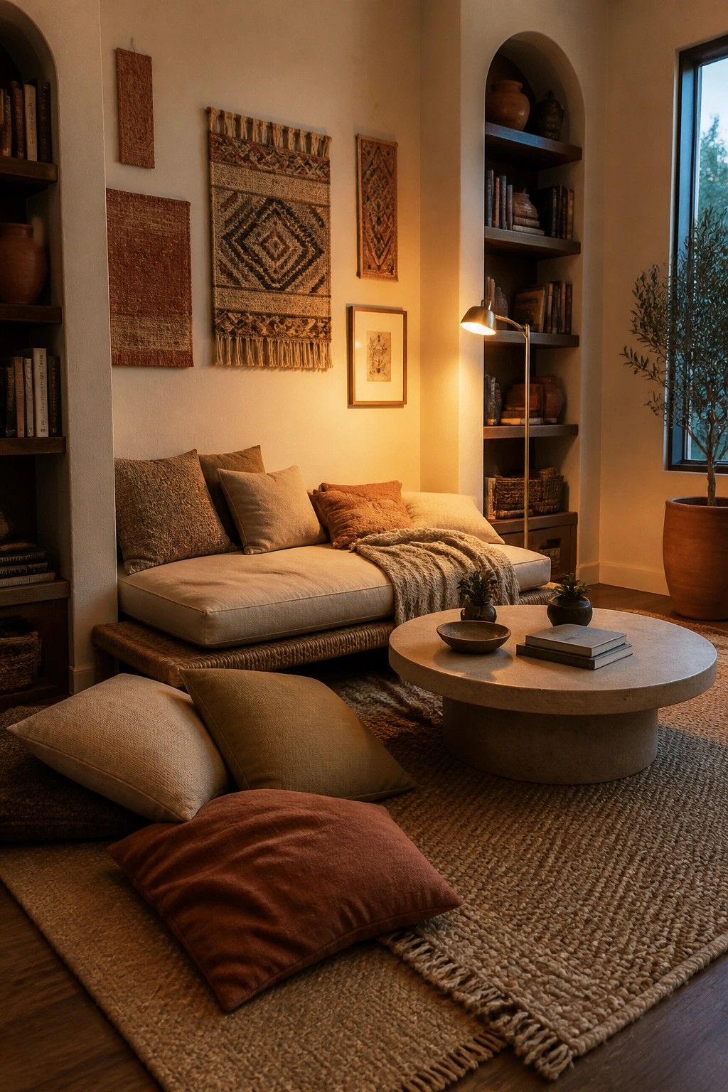 A boho living room featuring a low-profile beige sofa on a woven base, scattered floor cushions, wall tapestries, built-in arched shelves with books, a round stone coffee table, and a large jute rug.
