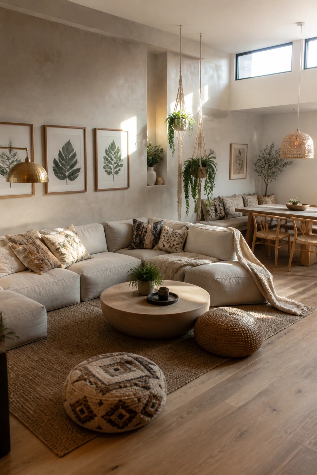 A spacious living room with a large low-profile beige sectional sofa, round concrete coffee table, woven poufs on a jute rug, hanging macrame plants, and framed botanical art on a textured wall.