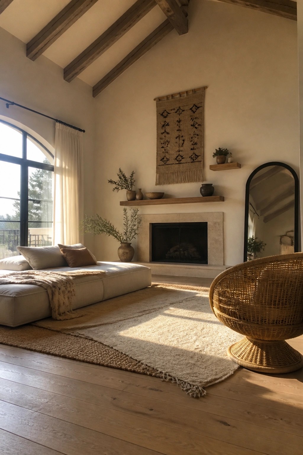 Sunlit neutral living room with daybed, fireplace, rattan chair, and wooden beams.