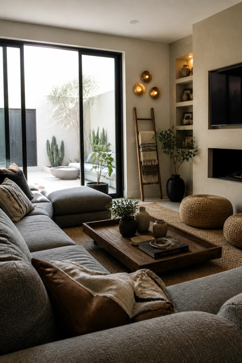 A modern boho living room featuring a large gray low-profile sectional sofa, a wooden tray table on a woven rug, and black-framed sliding doors leading to a patio with cacti.