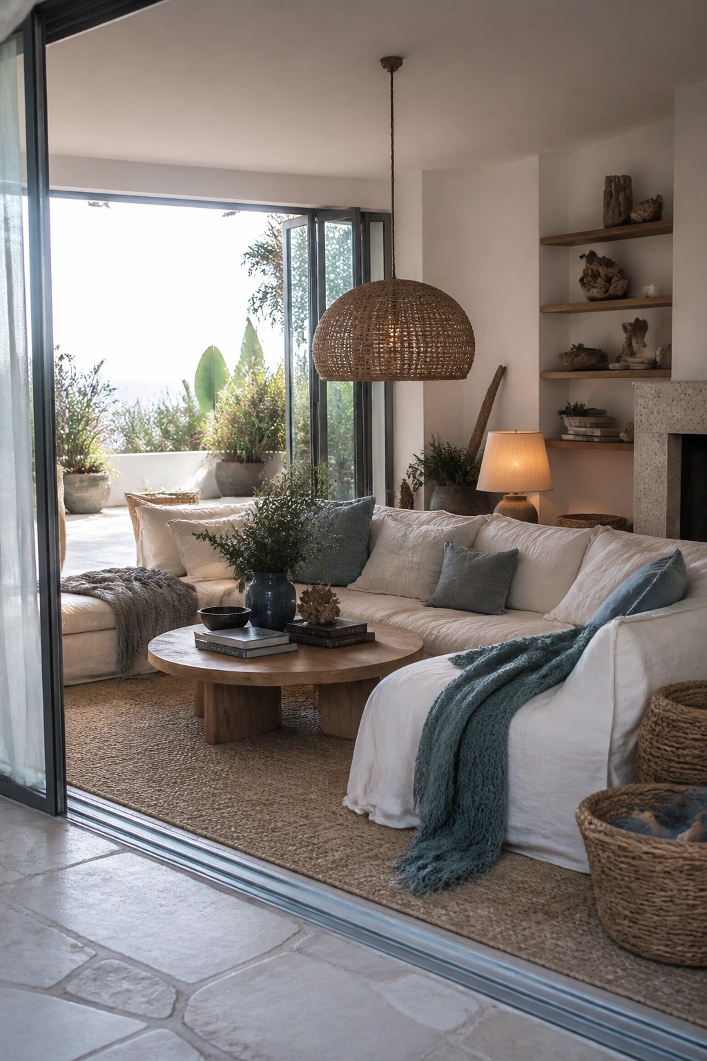 A living room featuring a low white sectional sofa on a jute rug with a round wooden coffee table and open glass doors to an outdoor area.