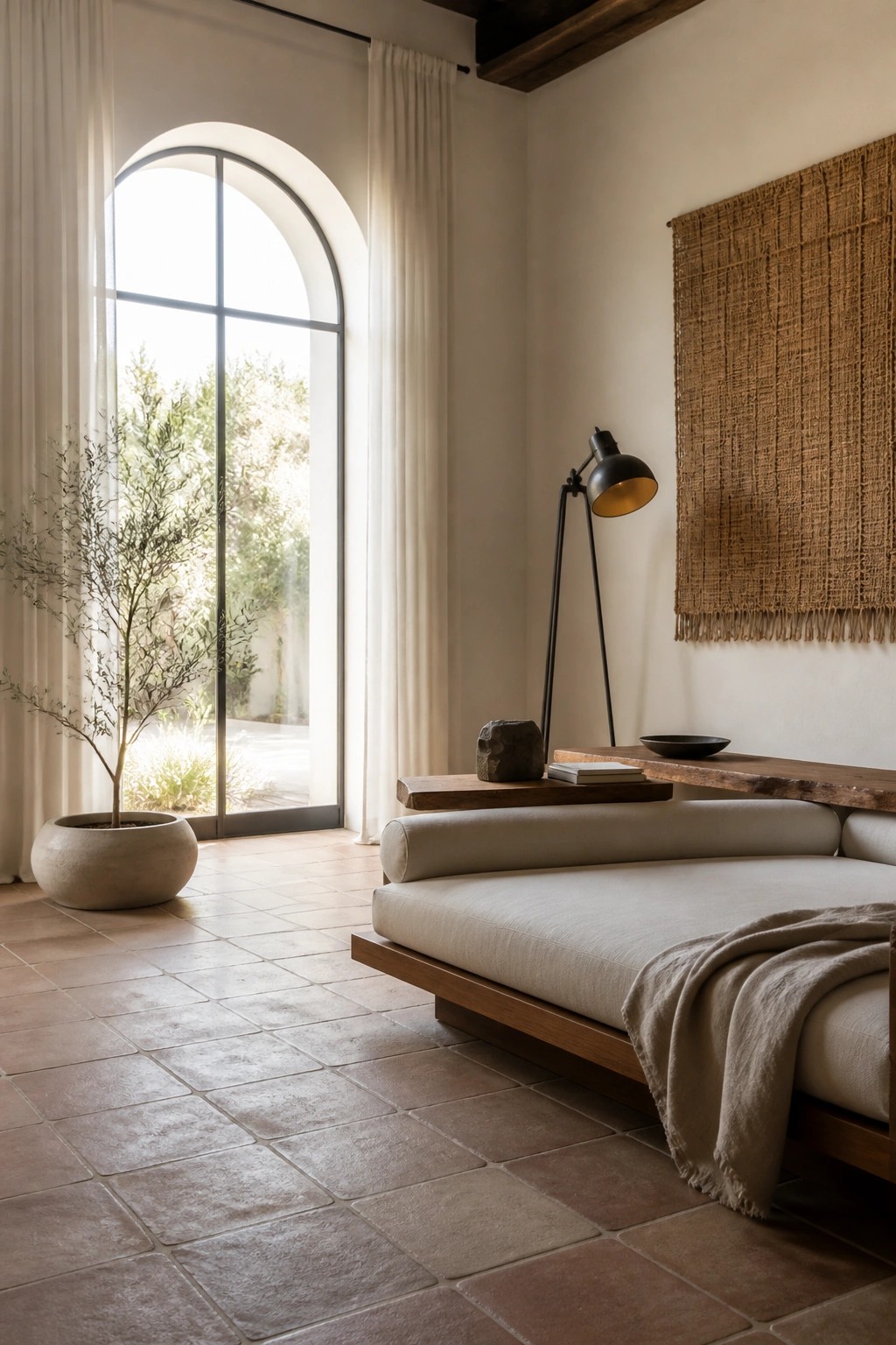 A low beige sofa on terracotta tile with a black floor lamp, potted tree, and woven wall hanging near an arched window.