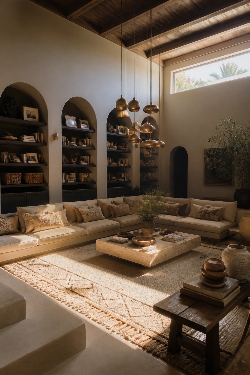 A spacious living room with a low-profile beige sectional sofa, arched built-in bookshelves, a stone coffee table, and hanging brass pendant lights.