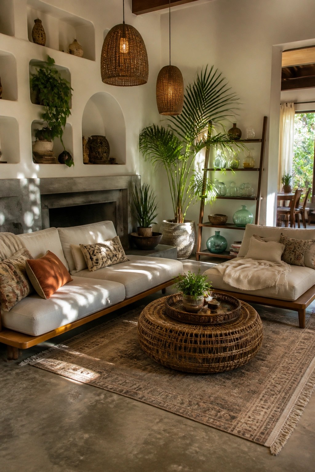 A living room with two low white sofas facing a large round woven coffee table, built-in wall niches holding pottery and plants, and woven pendant lights overhead.