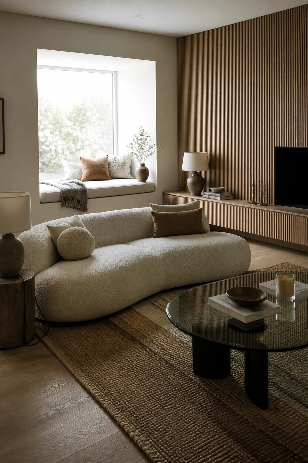 Curved cream sofa in neutral living room with glass table, jute rug, and window seat