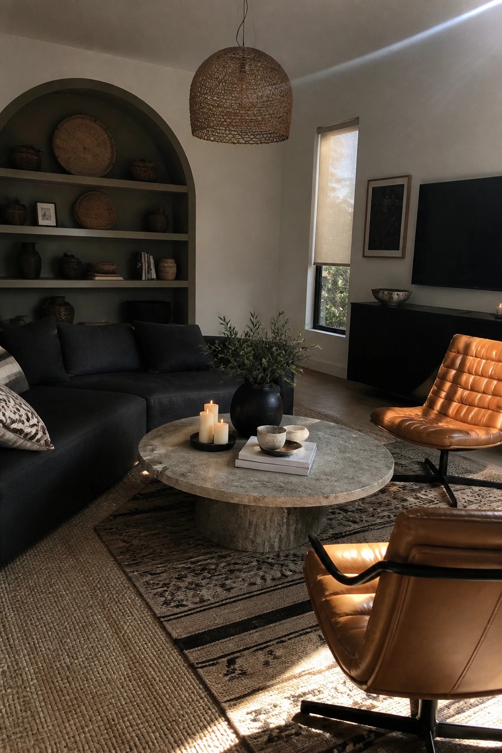 A living room featuring a dark sectional sofa, round marble coffee table with lit candles, two brown leather swivel chairs, and built-in arched shelving with decorative items.
