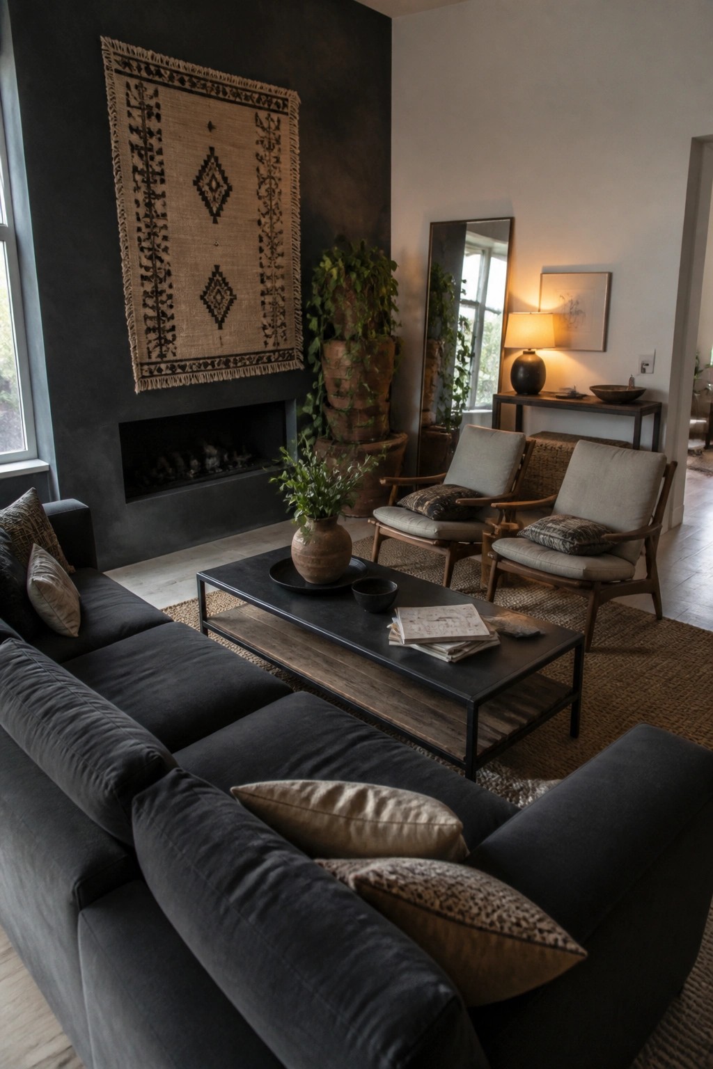A modern living room with a dark gray sectional sofa, wooden armchairs with light upholstery, a black coffee table, and a dark accent wall featuring a fireplace and woven wall hanging.