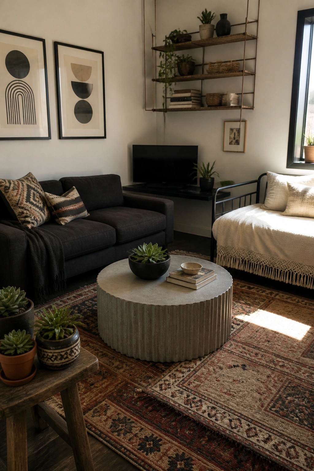 A living room featuring a dark gray sofa with clean lines, a round concrete coffee table on layered rugs, framed wall art, and a daybed beside a window.