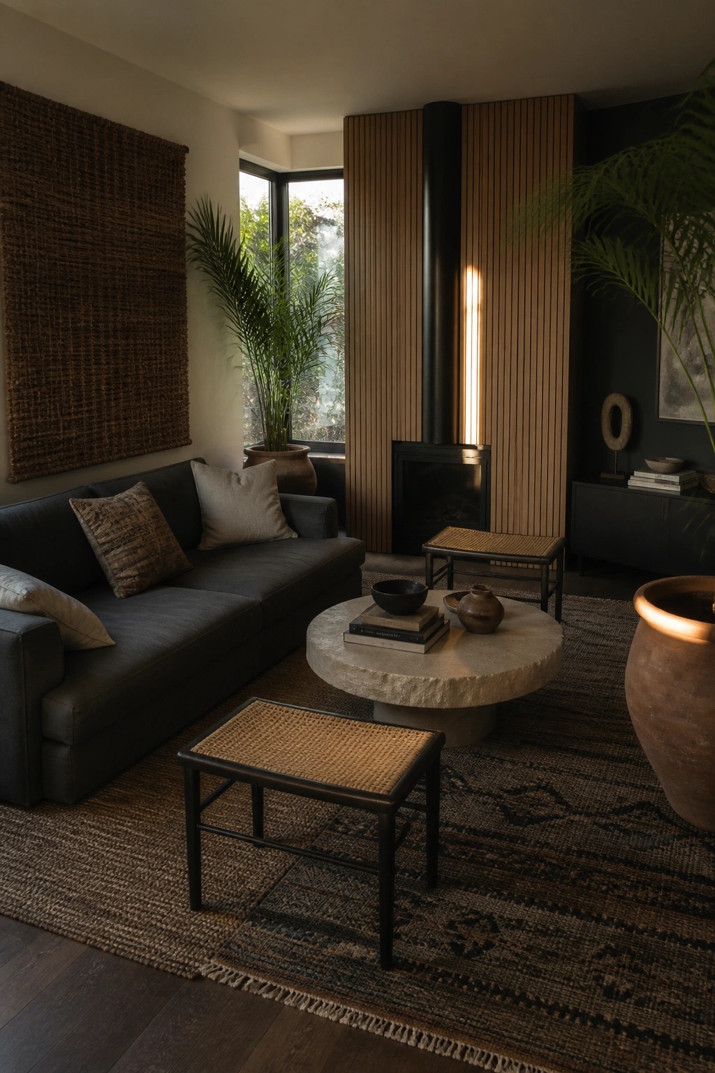 Modern living room with dark sofa, stone table, woven stools, and black fireplace.