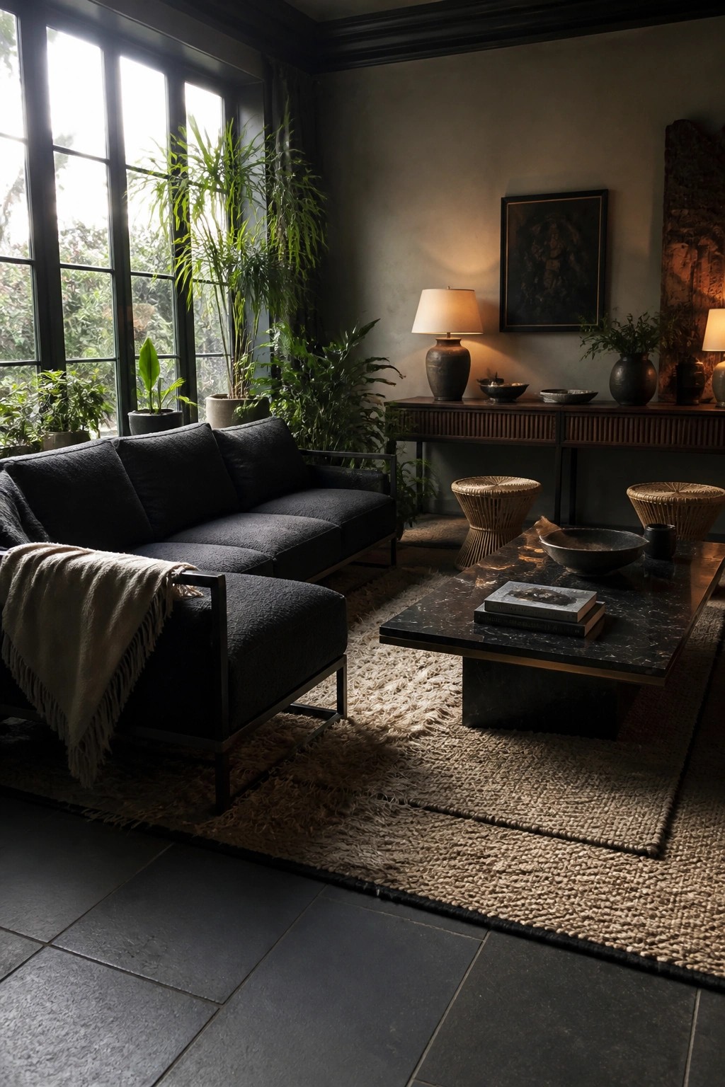 A dark living room featuring a low-profile gray sectional sofa with metal frame, a black marble coffee table on layered rugs, and a wooden console against the wall with plants and lamps.