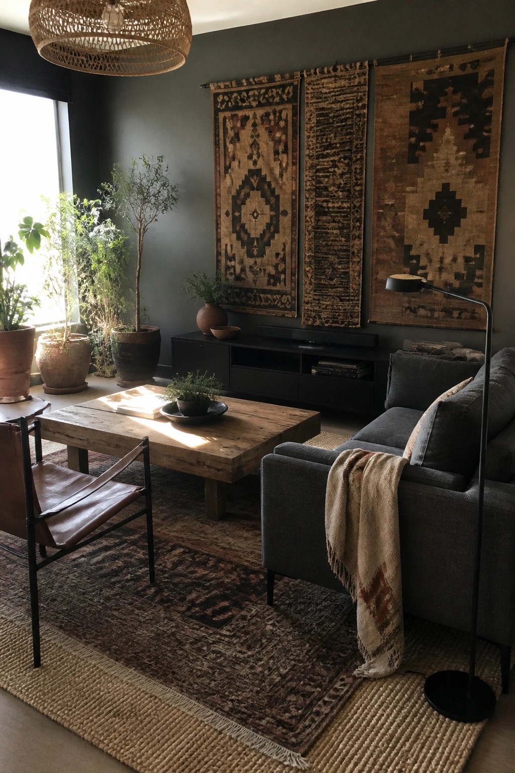 A living room with dark gray walls, a gray sectional sofa, a rustic wood coffee table, a leather sling chair, layered rugs, and three large patterned wall hangings.