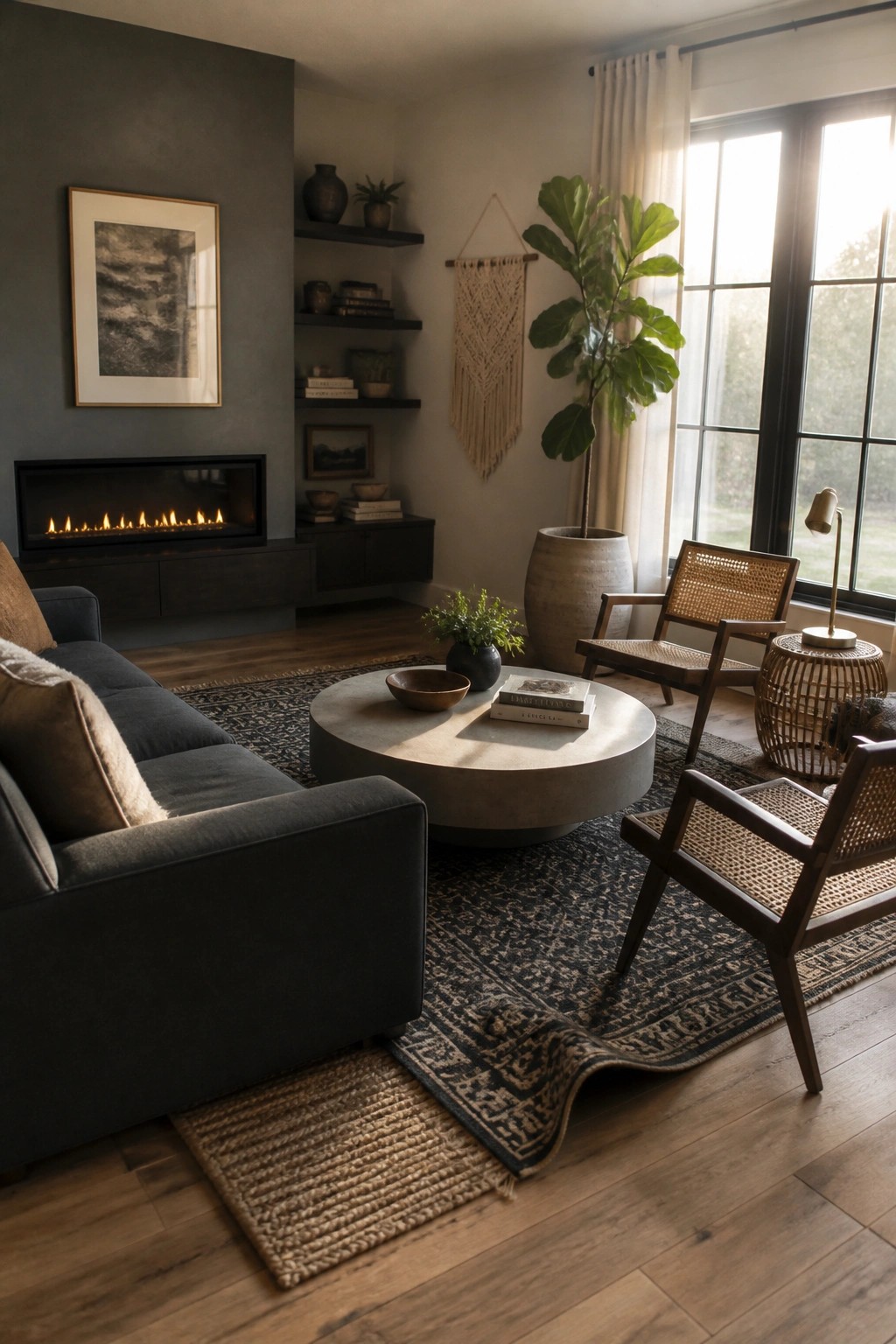 A living room with dark walls, a dark sectional sofa, round concrete coffee table, wooden cane chairs, built-in shelves, and a fireplace.