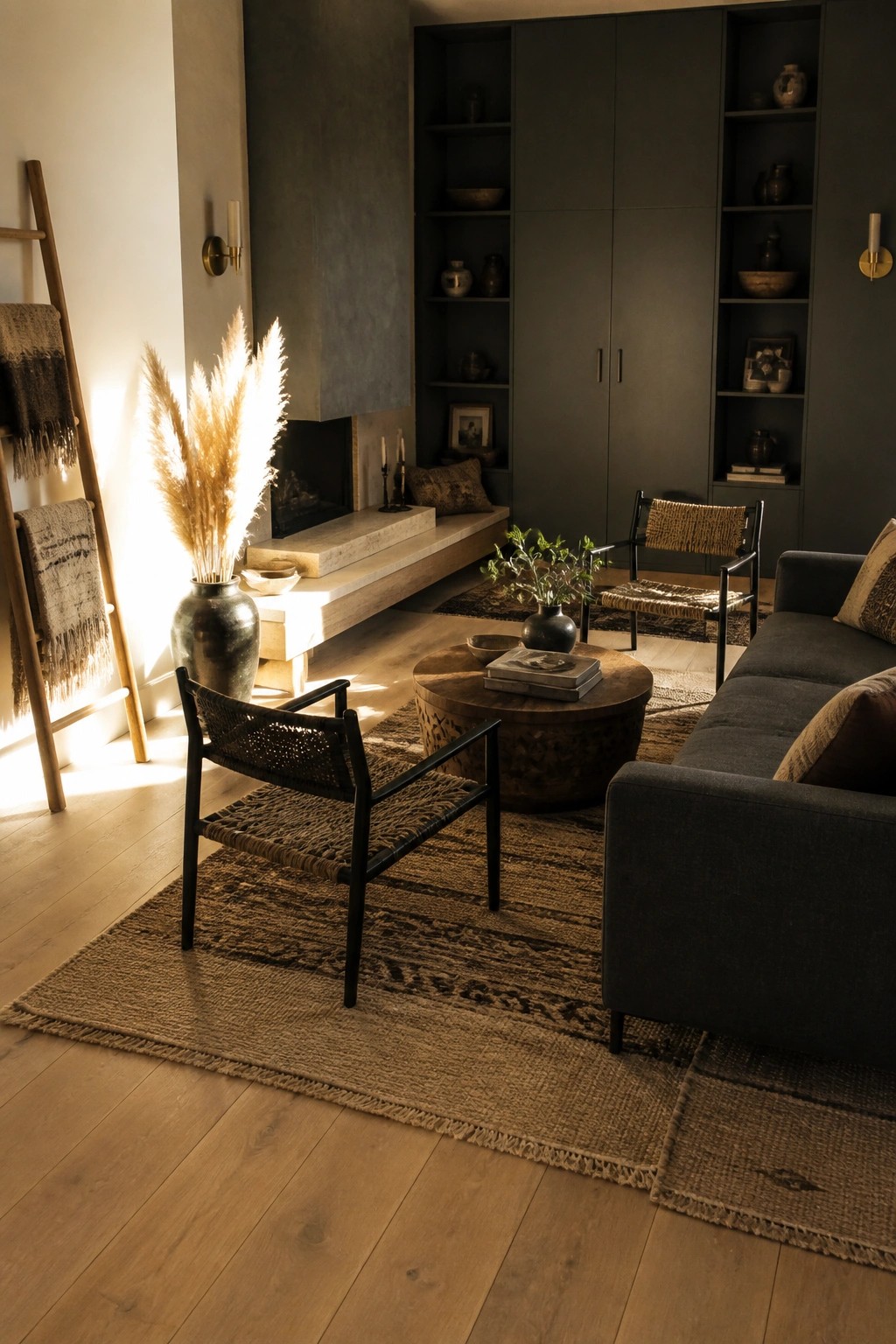 Cozy living room with gray sofa, woven chairs, round wooden table, and pampas grass.