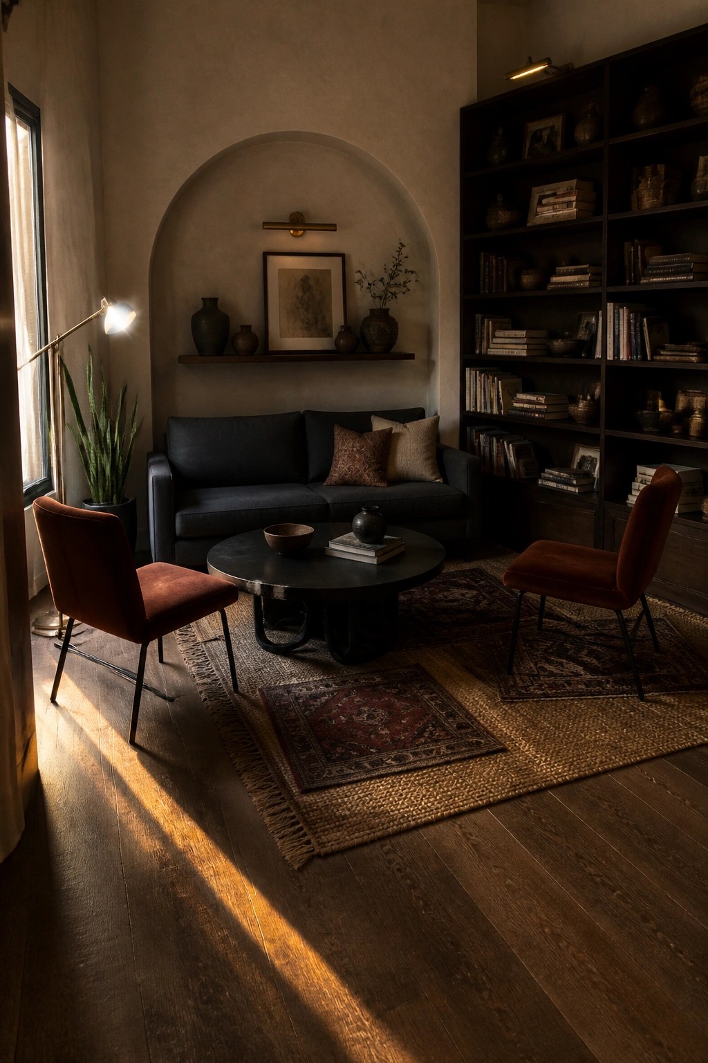 A living room with a dark blue sofa centered under an arched niche, two rust-colored velvet armchairs, a round black coffee table on layered rugs, and a tall dark wood bookshelf on the right wall.