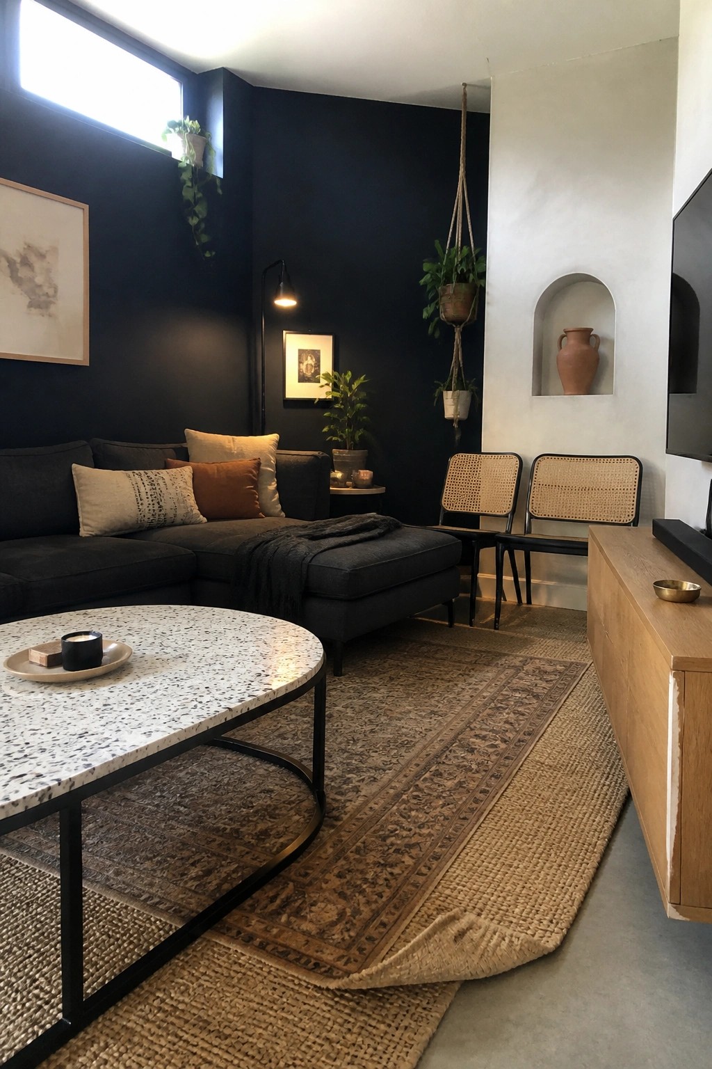 A living room with dark walls features a dark sectional sofa, round terrazzo coffee table, two cane-backed chairs, and layered rugs under warm lighting.