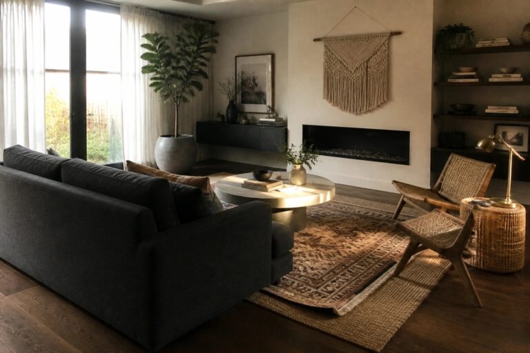 A living room with dark walls, a dark sectional sofa, round concrete coffee table, wooden cane chairs, built-in shelves, and a fireplace.
