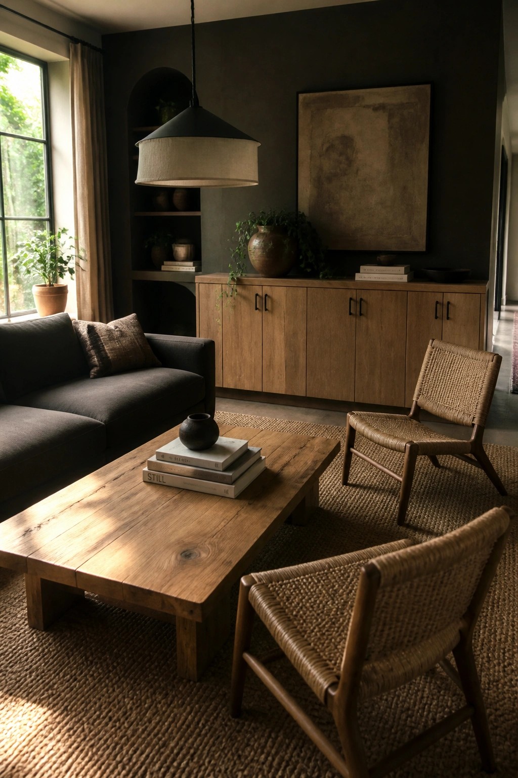 A living room featuring a dark sofa, low wooden coffee table with stacked books, two woven armchairs on a woven rug, and a wooden sideboard against dark walls.