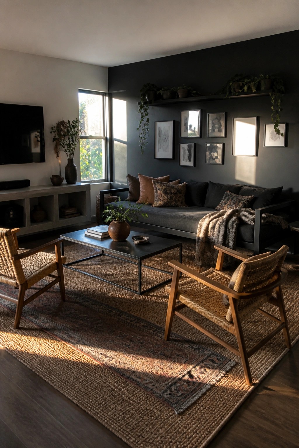 Modern living room with dark walls, sofa, woven chairs, coffee table, layered rugs, and sunlight.
