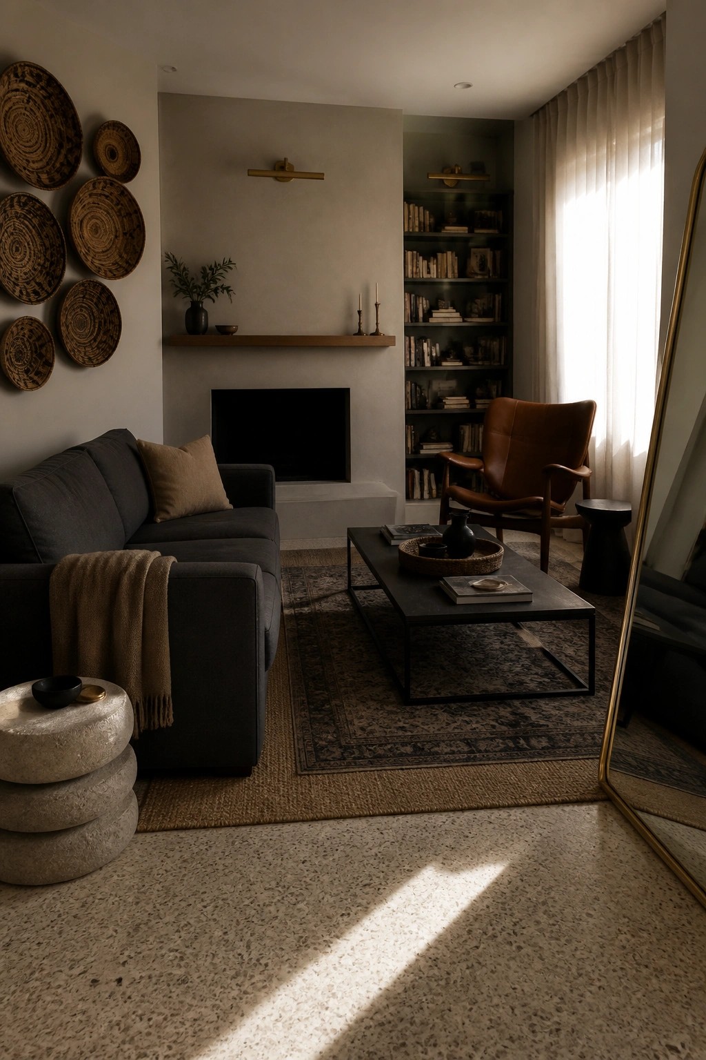 Modern living room with gray sofa, leather chair, bookshelf, fireplace, and woven wall baskets.
