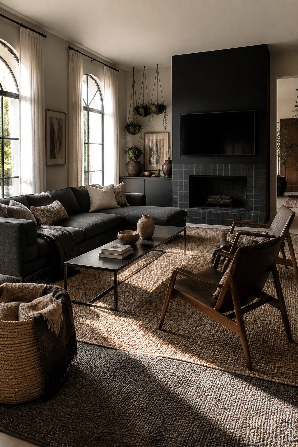 Sunlit living room with dark sectional sofa, wooden armchairs, and black fireplace.