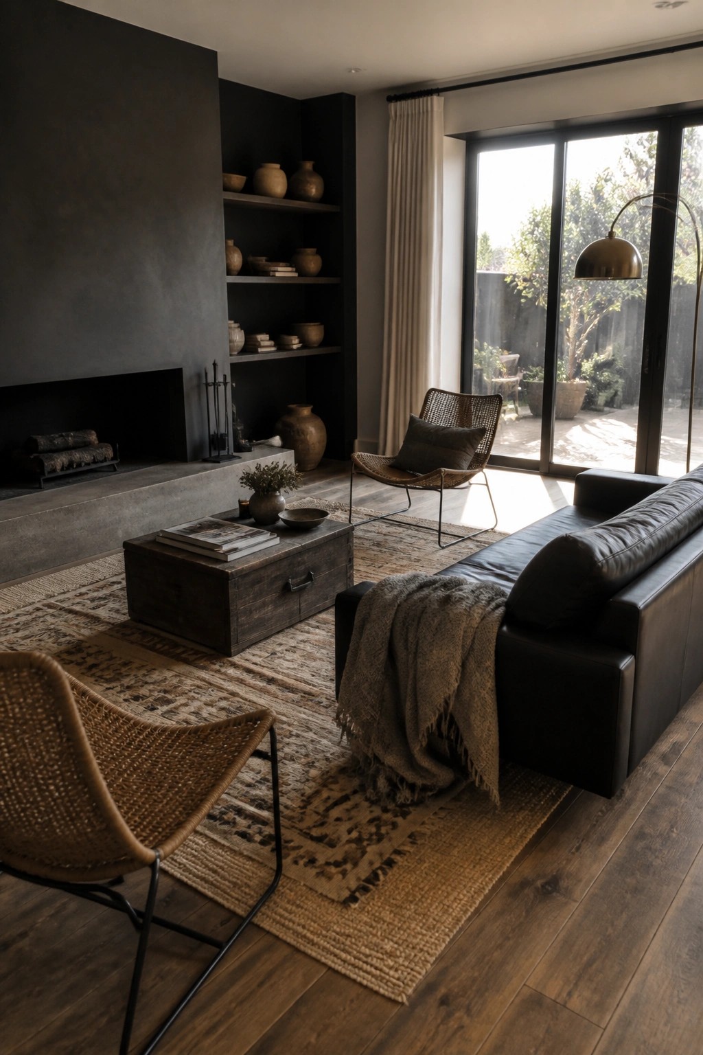 A living room with a black leather sofa, two woven chairs on metal frames, a wooden trunk coffee table, built-in dark shelves with pottery, and a large window with black frames.