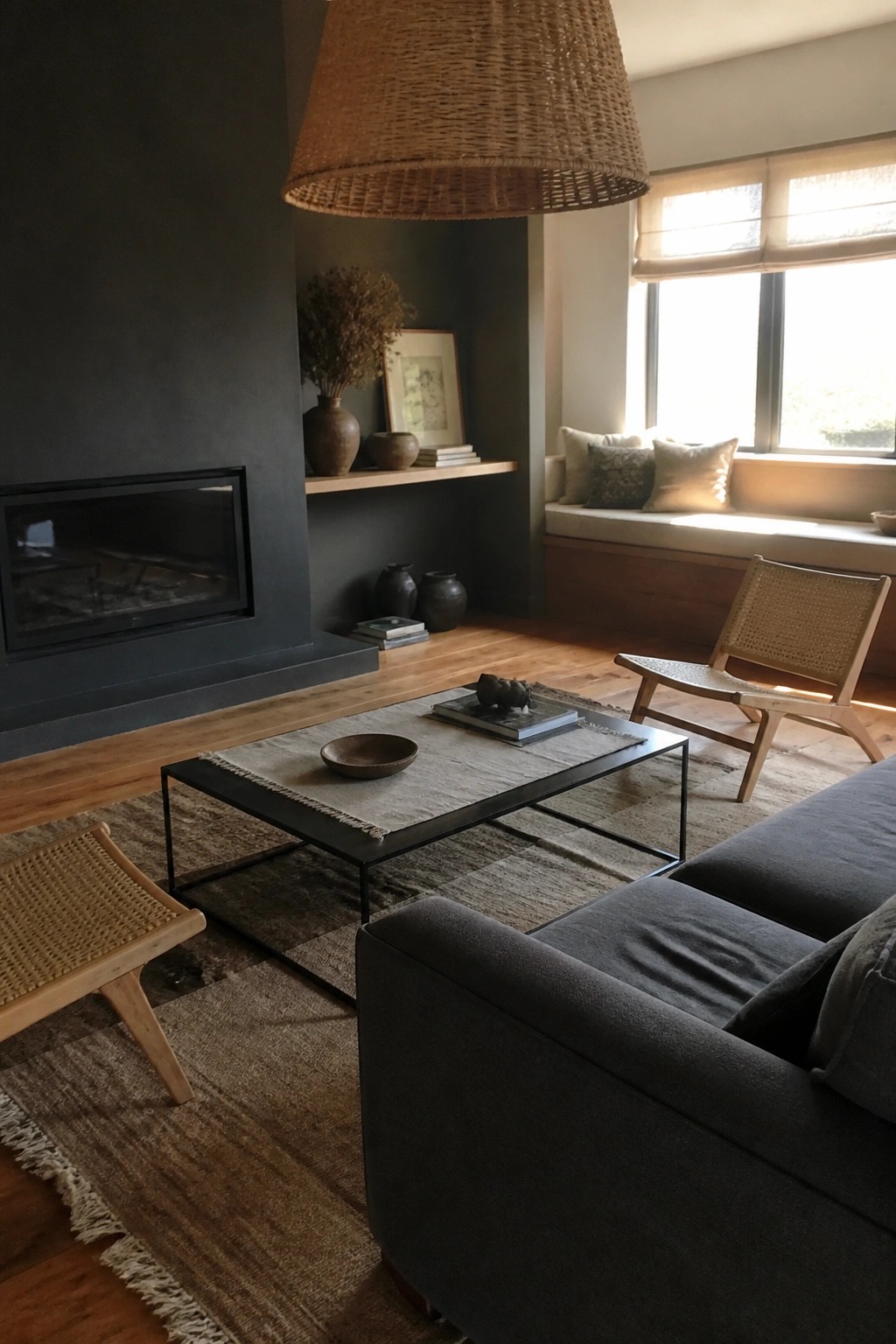 A living room with dark walls, a fireplace, a gray sofa, two light wood woven chairs, a black coffee table on a rug, and a large woven pendant light.
