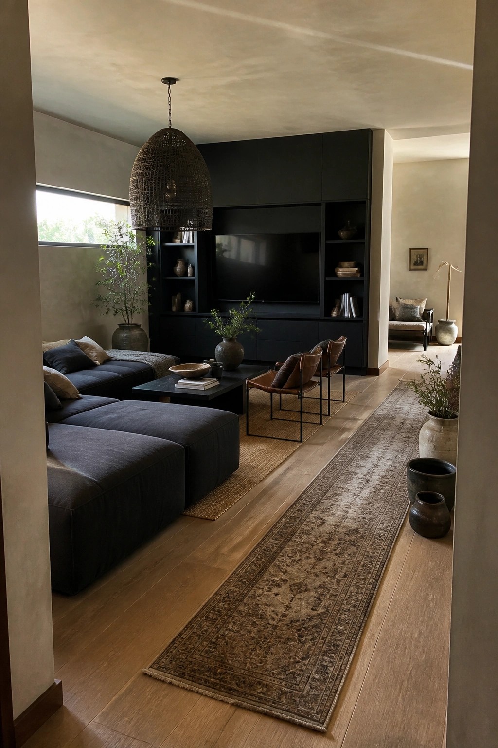 A modern living room featuring a dark gray modular sectional sofa, black built-in entertainment center with television, brown leather chairs, and a long patterned runner rug on light wood flooring.