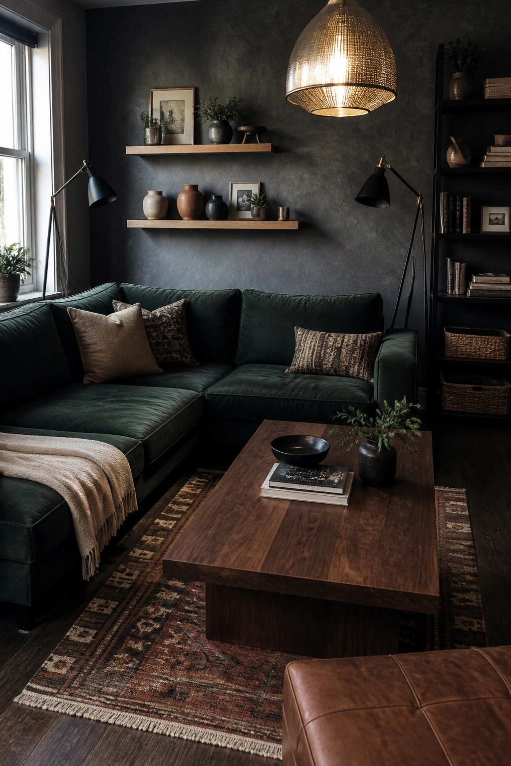 A dark living room featuring a green velvet L-shaped sectional sofa, a wooden coffee table on a patterned rug, floating wooden shelves on a textured dark wall, and a large woven pendant light.